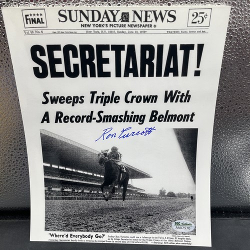 Ron Turcotte - Secretariat Sunday News Front Page - Signed 8x10 Photo - SGC Coa