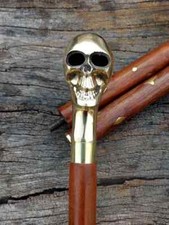 Brass Skeleton Skull Head Handle Brown Wooden Walking Cane Inlay Stick Halloween