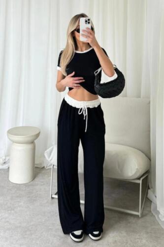 Pantaloni top donna donna berretto a costine manica a costine crop top due pezzi set coordinate - Foto 19 di 30