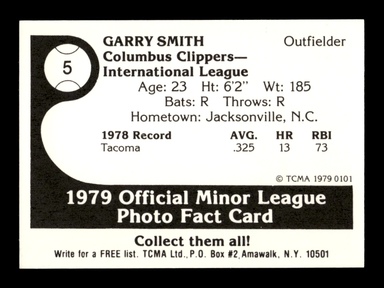 1979 TCMA # 0101 Garry Smith Card (ML2) Columbus Clippers New York Yankees - Image 2 of 2