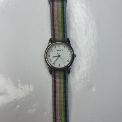 A Carriage N9 WR30M C9A731 Silver Rainbow Strap Canvas Watch Untested