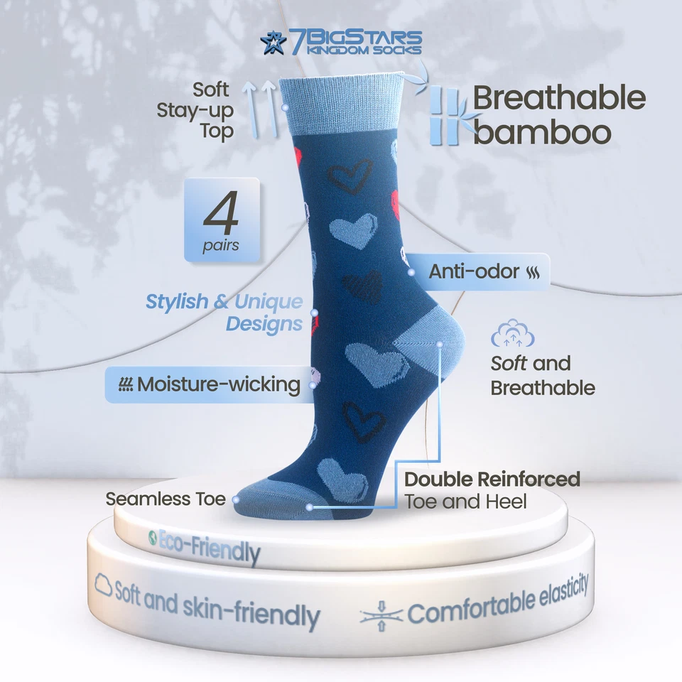 Women Bamboo Patterned Dress Crew Socks Large 4 Pack Hearts Stripes Blue Navy - Image 2 of 4