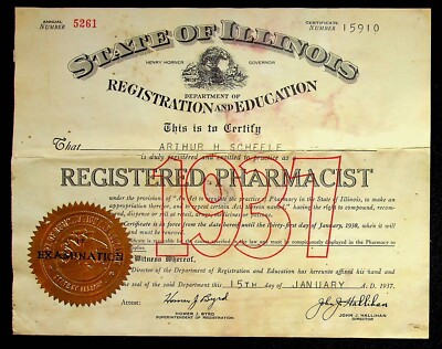 State Of Illinois 1937 Registered Pharmacist Certificate Document Registration