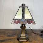VTG Tiffany/Mission-Style Stained Glass Castle  Cut Electric Table Lamp 11” Tall