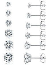 Hypoallergenic 6 Pairs Stainless Steel Stud Earrings Set with Cubic Zirconia