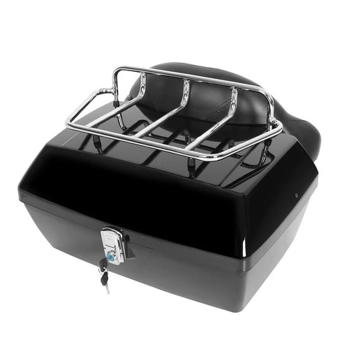 50L Universal Black Motorcycle Tail Box Trunk Top Rack Backrest For Harley Honda