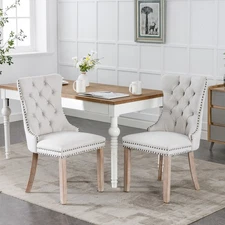 Set of 2 Linen Dining Chair High Back Chair Kitchen Dining Chair w/ Wood Legs
