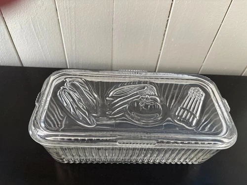 Vintage Federal Glass 8" Refrigerator Dish Rectangular w/ Lid Vegetable Pattern