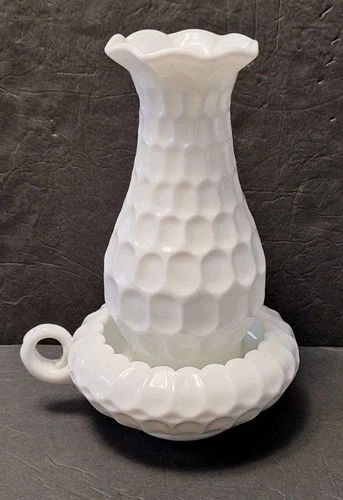 Vintage Fenton Thumbprint Milk Glass Candleholder With Chimney Finger Lamp