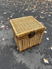 Vintage Chinoiserie Wicker Trunk Blanket Chest w/ Brass Hardware Coffee Table