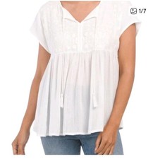 Top de yugo boho campesino bordado blanco Rachel Roy para mujer talla M/L