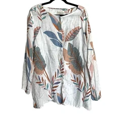 Cynthia Rowley Top Button Front Shirt Long Sleeve 100% Linen Leaf Print Plus 2X
