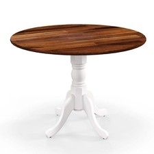 Wooden Dining Table with Round Tabletop and Curved Trestle Legs-Walnut & White