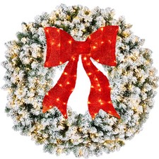 Best Choice Products Pre-Lit Flocked Artificial Fir Wreath Bow LED Lights Red