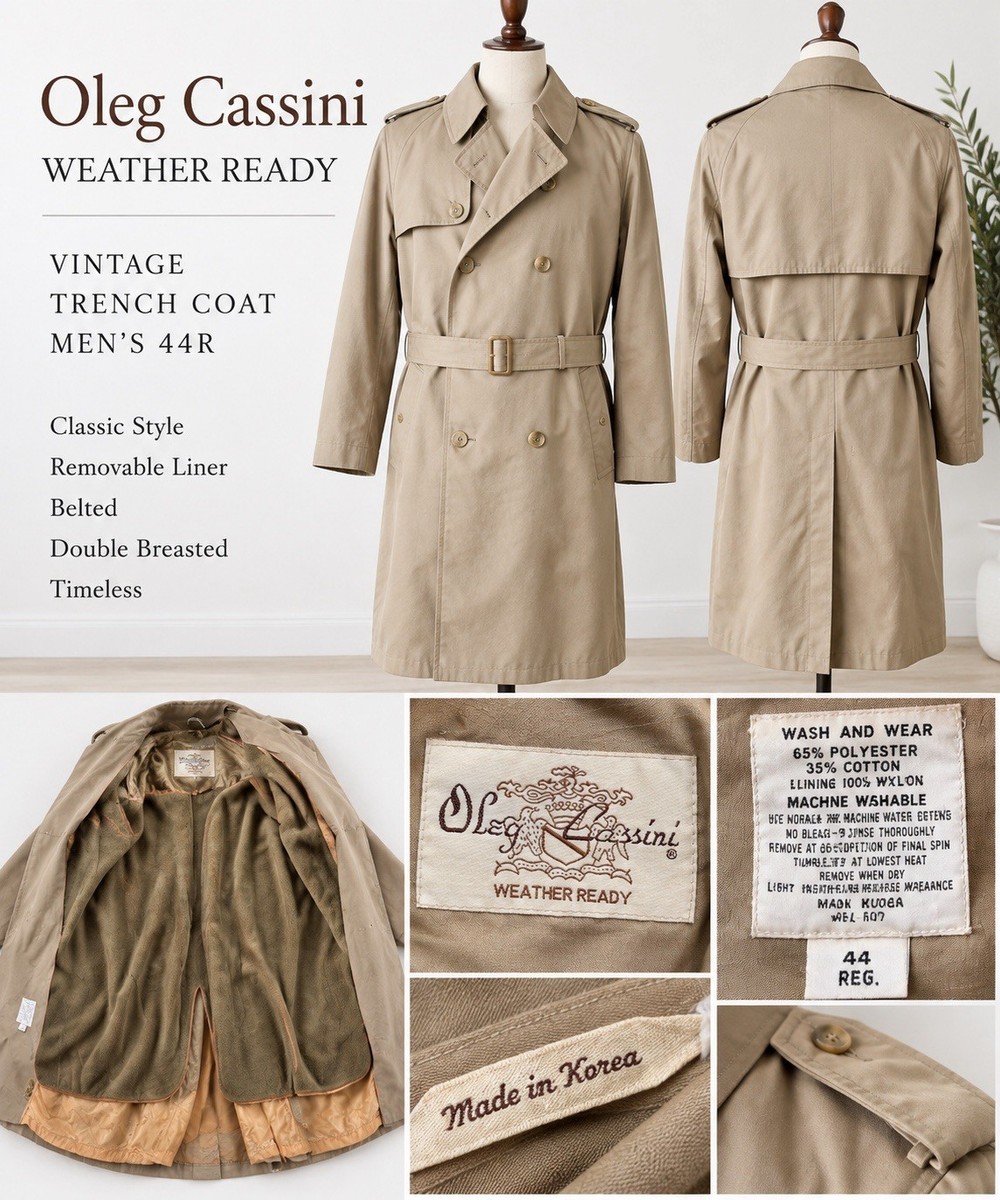 Vintage Oleg Cassini Weather Ready Trench Coat Mens 44R Khaki