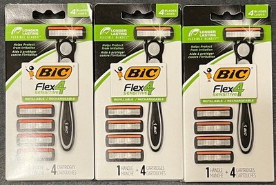 3 Pack Bic Flex 4 Sensitive Refillable Razors 1 Handle + 4 Cartridges Each
