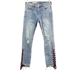 Anthropologie Pilcro Mid-Rise Slim Straight Leg Velvet Tie Lace-Up Raw Hem 30"