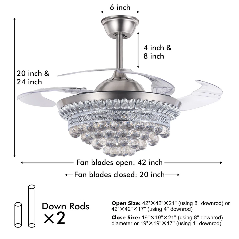 42" Chrome Invisible Ceiling Fan 3-Color Light Crystal Chandelier Remote 3 Speed - Image 3 of 4