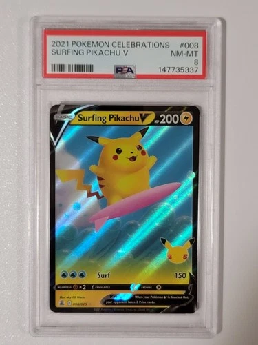 2021 POKEMON CELEBRATIONS #008 SURFING PIKACHU V PSA 8