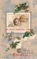 Christmas, Winsch 1910 No WIN04-1, Two Angel Heads, Holly with Berries