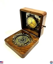 Vintage-Style Wooden Clock & Brass Compass Set in Rosewood Box - Timeless Gift