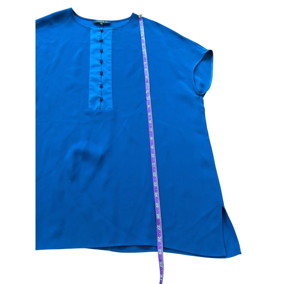 Lafayette 148 New York Royal Blue Silk Button-Up Short Sleeve Top Blouse - Image 3 of 4