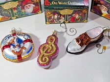 Lot of 3 Merck Family's Old World Xmas Glass Ornaments Golf Shoe/Welcome Aboard