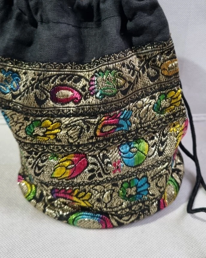 Ethnic Embroidered Drawstring Bag, Made In India, Black ,Gold ,Multicolour  - Image 2 of 2