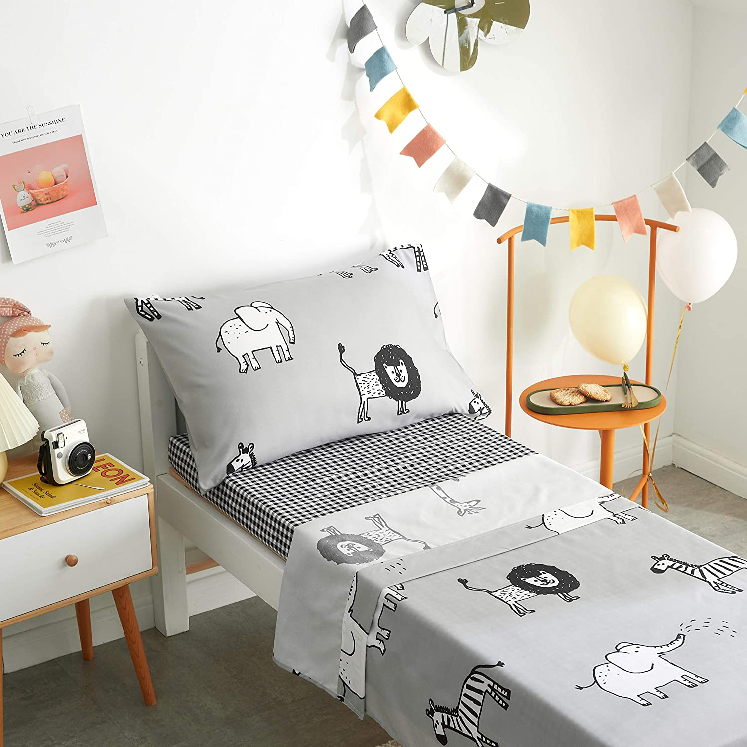 4 Piece Gray Grey Toddler Bedding Set with Multi Animals Printed for