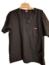 Dickies Unisex Scrub Top Black Solid V Neck Chest Pocket Short Sleeve M Medium