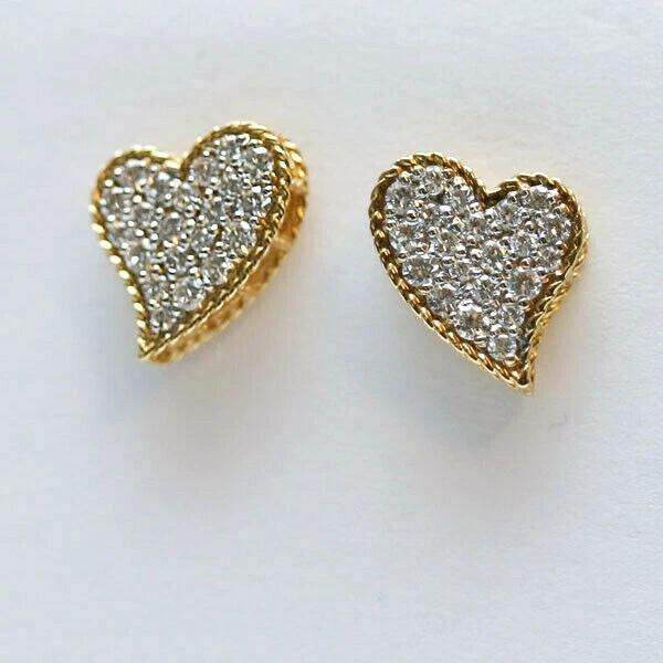 ROBERTO COIN NEW 18K Yellow Gold Pave Diamond Heart Stud Earrings