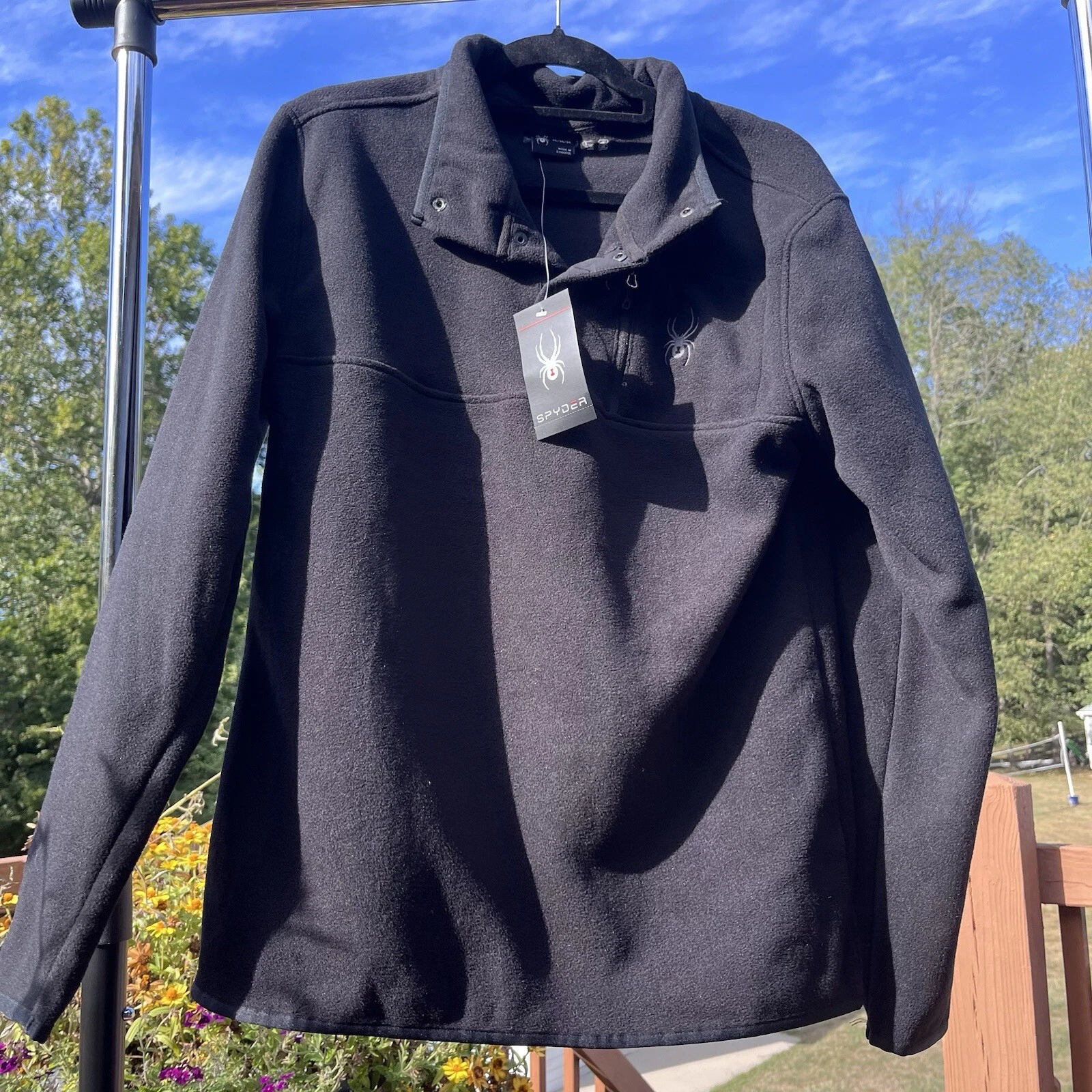 New Spyder Pullover Black Fleece 1/4 Snap Jacket Mens Size M Zip Pocket Org $129
