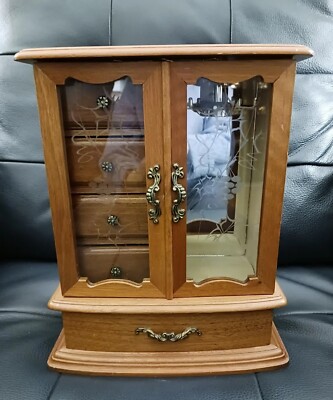 Vintage Jewelry Box, Wood, Etched Glass Doors, Mirrored, Musical, Beautiful 