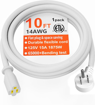 HUANCHAIN 14 Gauge 10 FT Flat Plug Extension Cord White Indoor Outdoor, Heavy Du