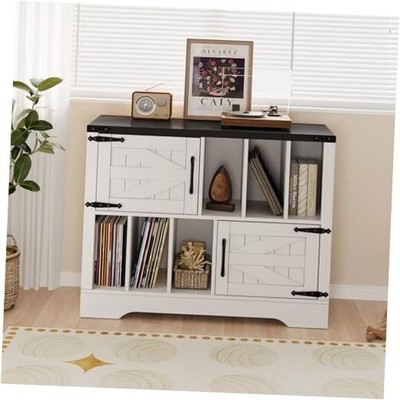  39in Large Vinyl Record Storage, Farmhouse Wood Turntable Record Player White