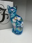 Fenton Iridescent Celeste Blue Sitting Cat 5” Hand Painted Flow , MINT WITH BOX