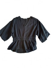 Joe s Jeans Women s Black V-Neck Smocked Peplum Blouse L 100 Cotton