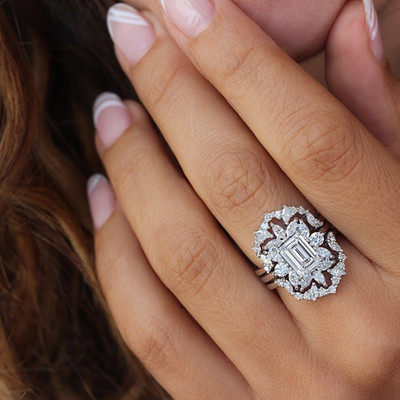 Stunning Emerald Cut Moissanite Ring Set Royal Engagement Matching Ring Guard