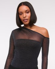 ABERCROMBIE FITCH New Black Mesh Asymmetric Off Shoulder Shimmer Bodysuit NWT M