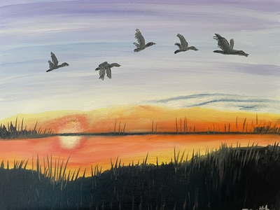 #ad Original oil painting 11 x 14 inch Geese flying over water at sunset Free Ship $29.99