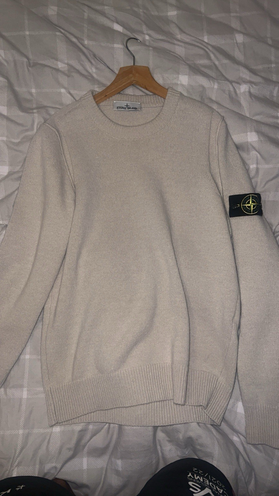 Stone Island Cotton Tight-Knit Beige Jumper Men's M Crew Neck Logo Patch image 3