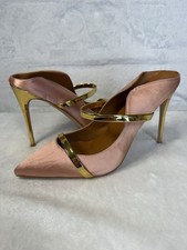 Rose Gold Satin Chrome Gold Straps w/4.5  Stilettos High Heels Pointed Toes Sz 9