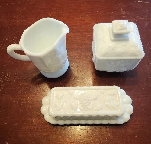 Vintage Westmoreland Paneled Grape Milk Glass Creamer Butter & Sugar Dish Set