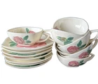 Vintage Red Wing Pottery Lexington Rose Pattern Set of 7 Cups & Saucers