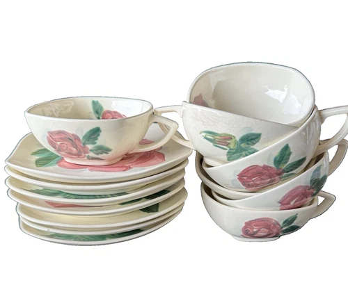 Vintage Red Wing Pottery Lexington Rose Pattern Set of 7 Cups & Saucers