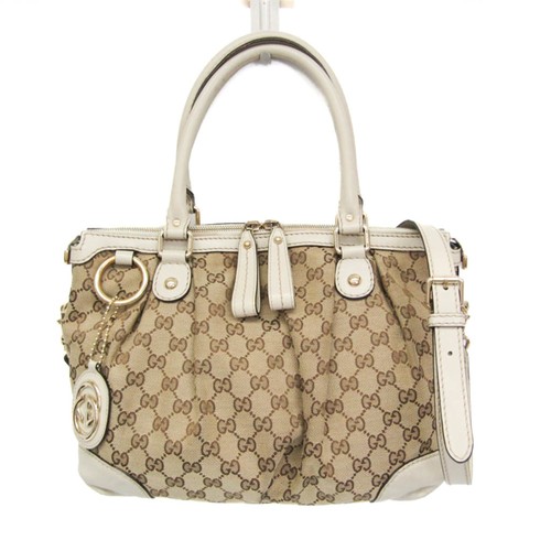 Gucci Sookie 247902 Leather GG Canvas Shoulder Bag Beige Off-White