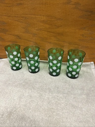 Vtg Retro Set (4) Anchor Hocking Forest Green Polka Dot 4 7/8” Tumbler Glasses