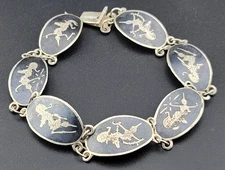 Antique Siam Niello Dancer Art Deco Black Enamel Sterling Oval Panel Bracelet