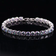 White Gold Plated Mystical Rainbow CZ Women Party Round Tennis Bracelet Bangle
