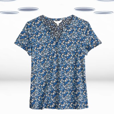 Ex Seasalt Damen Top - Kurzarm Bio Baumwolle Sommer Blau Ditsy Floral